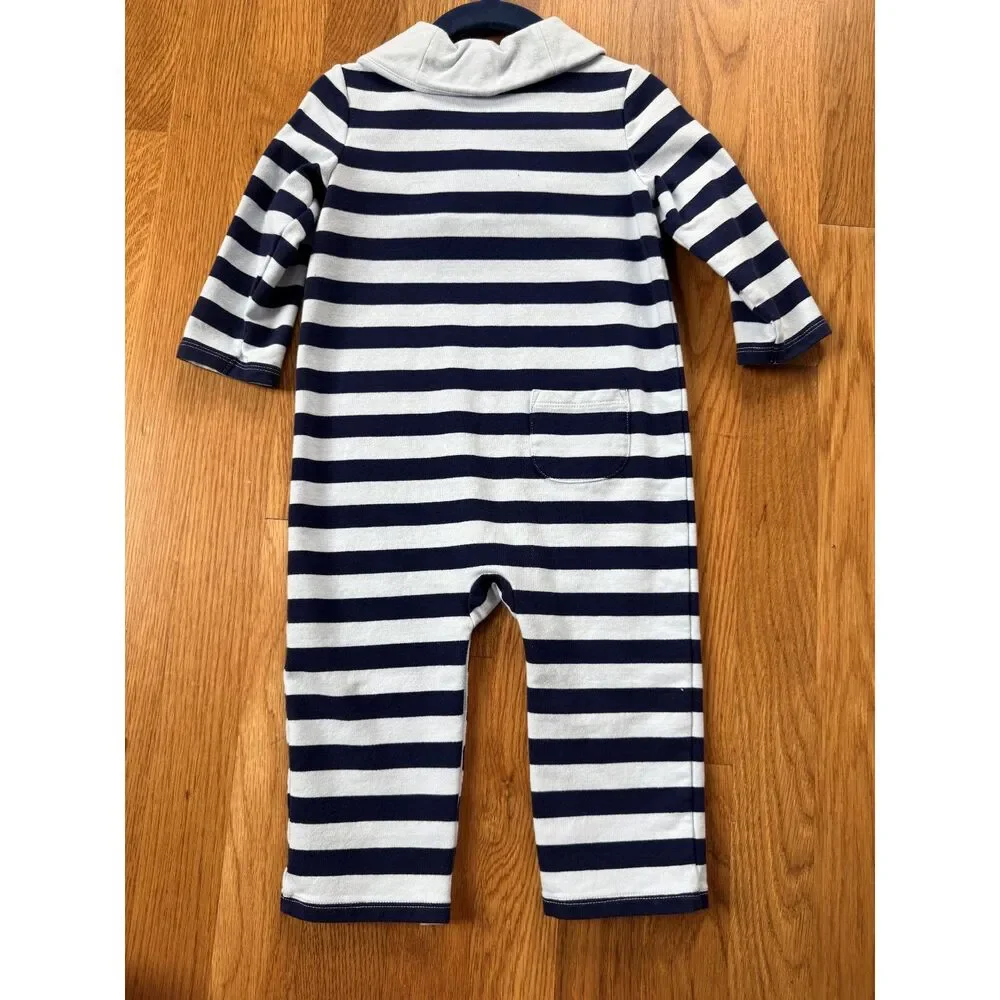 Janie and Jack Baby Boy Shawl Collar Stripe Romper 12-18M Blue One Piece Cotton